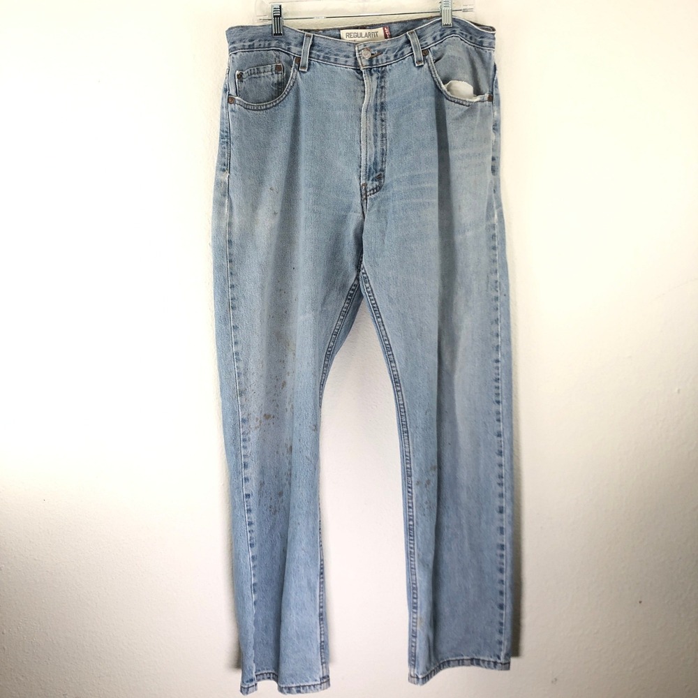Levis 505 Regular Fit Jeans Mens 38x32 Light Wash Thrashed Distressed Workwear